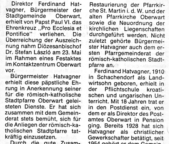 Röm. kath. Pfarre: Artikel zur Verleihung des Ehrenkreuz "Pro Ecclesia et Pontifice" an Dir. Ferdinand Hatvagner