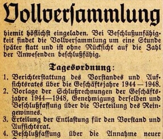 Oberwarter Zeitung vom 22. Mai 1949: 25. Ordentlichen Vollversammlung der Volksbank