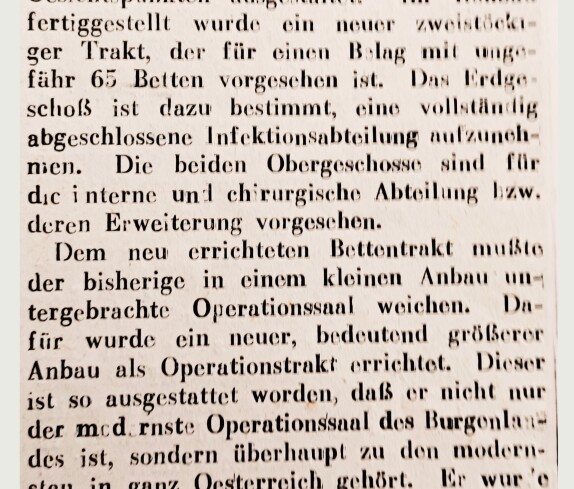 Bericht "Modernster Operationssaal im Krankenhaus Oberwart" in der Oberwarter Zeitung vom 25. August 1953