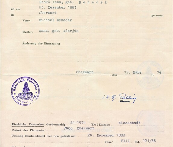 Dublikat der Geburtsurkunde von Anna Benkö (geb. Benedek, *1883 / +1974)