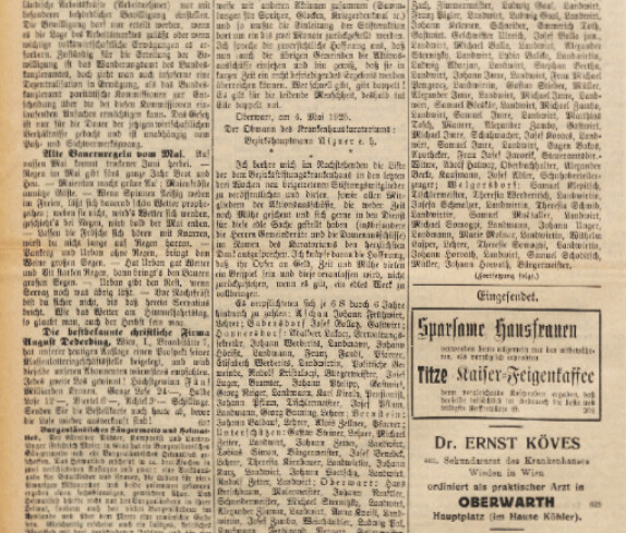 Oberwarther Sonntags = Zeitung vom 17. Mai 1925: "Stifteraktion" zum Bau des 1. Krankenhauses