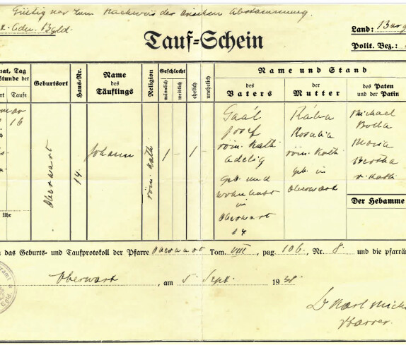 Taufschein des Johann (Janos) Gaal +1881 /+1954