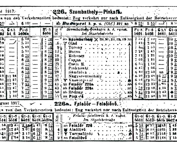 Kriegsfahrplan im I. Weltkrieg der Bahnlinien Szombathely-Pinkafö und Felsöör-Felsölövö gültig ab 1. Juni 1917