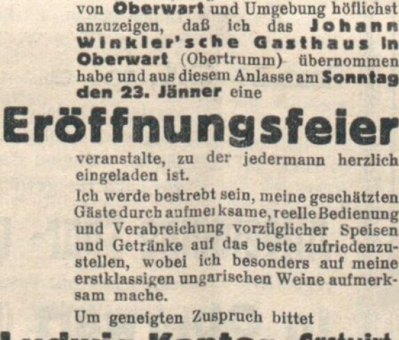 Oberwarther = Sonntagszeitung vom 16. Jänner 1938: Gasthaus Winkler (Grazerstraße 44) - Inserat anlässlich der Gasthausübernahme durch Ludwig Kantor