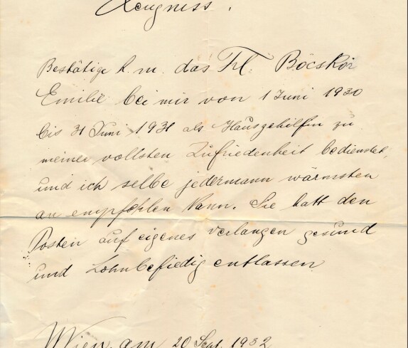 Dienstzeugnis für Frau Emilia Böcskör  (*1914 / +1993, verh. Kuch)