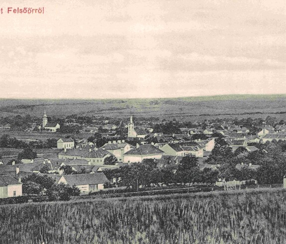 Ansichtskarte: "Üdvözlet Felsöörröl" - "Gruß aus Oberwart" / Blick über die Synagoge und die drei Kirchen