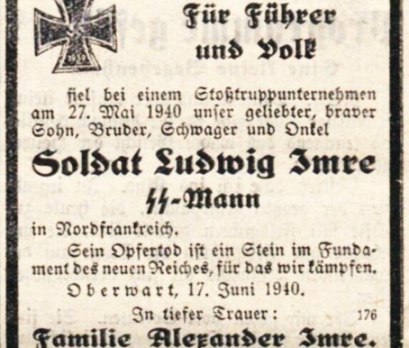 Oberwarther Sonntags = Zeitung vom 23. Juni 1940: Ludwig Imre - 1. Todesanzeige für einen Oberwarter Soldaten des II. Weltkriegs in dieser Zeitung