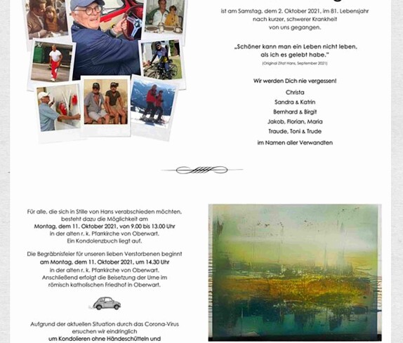 Persönlich und herzlich gestaltete Parte: Hans Wilfling  (*19.01.1941/+02.10.2021)