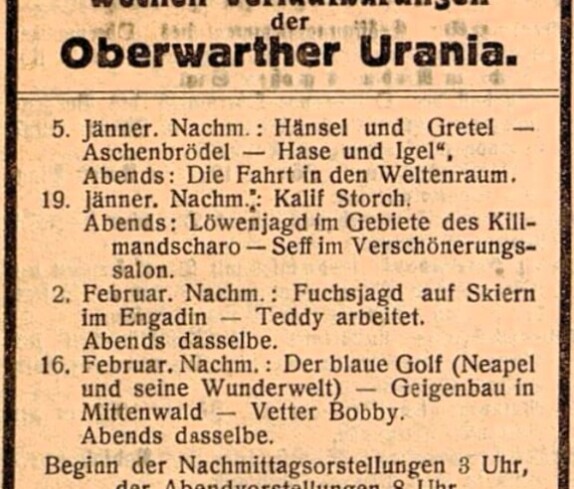 Kinoprogramm Jänner und Feber 1927: Oberwarther Urania - in der Oberwarther Sonntags = Zeitung vom 26. Dezember 1926