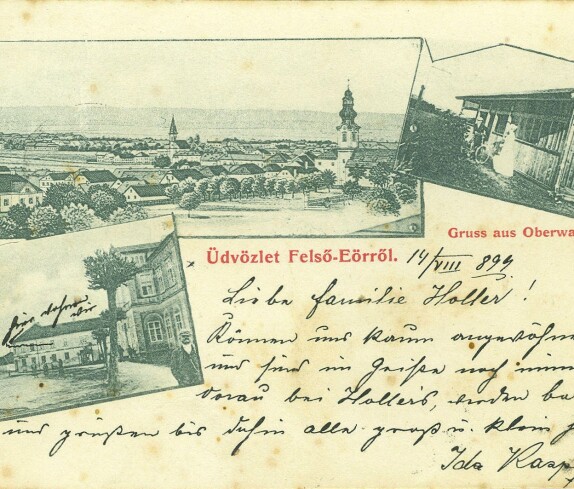 Ansichtskarte: "Üdvözlet Felsö Eörröl" / "Gruss aus Oberwarth" mit Badehaus und Hauptplatz