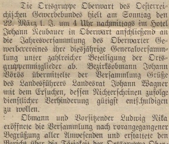 Oberwarther Sonntags-Zeitung vom 29. März 1936: Versammlungsbericht der Ortsgruppe Oberwart des Österreichischen Gewerbebundes