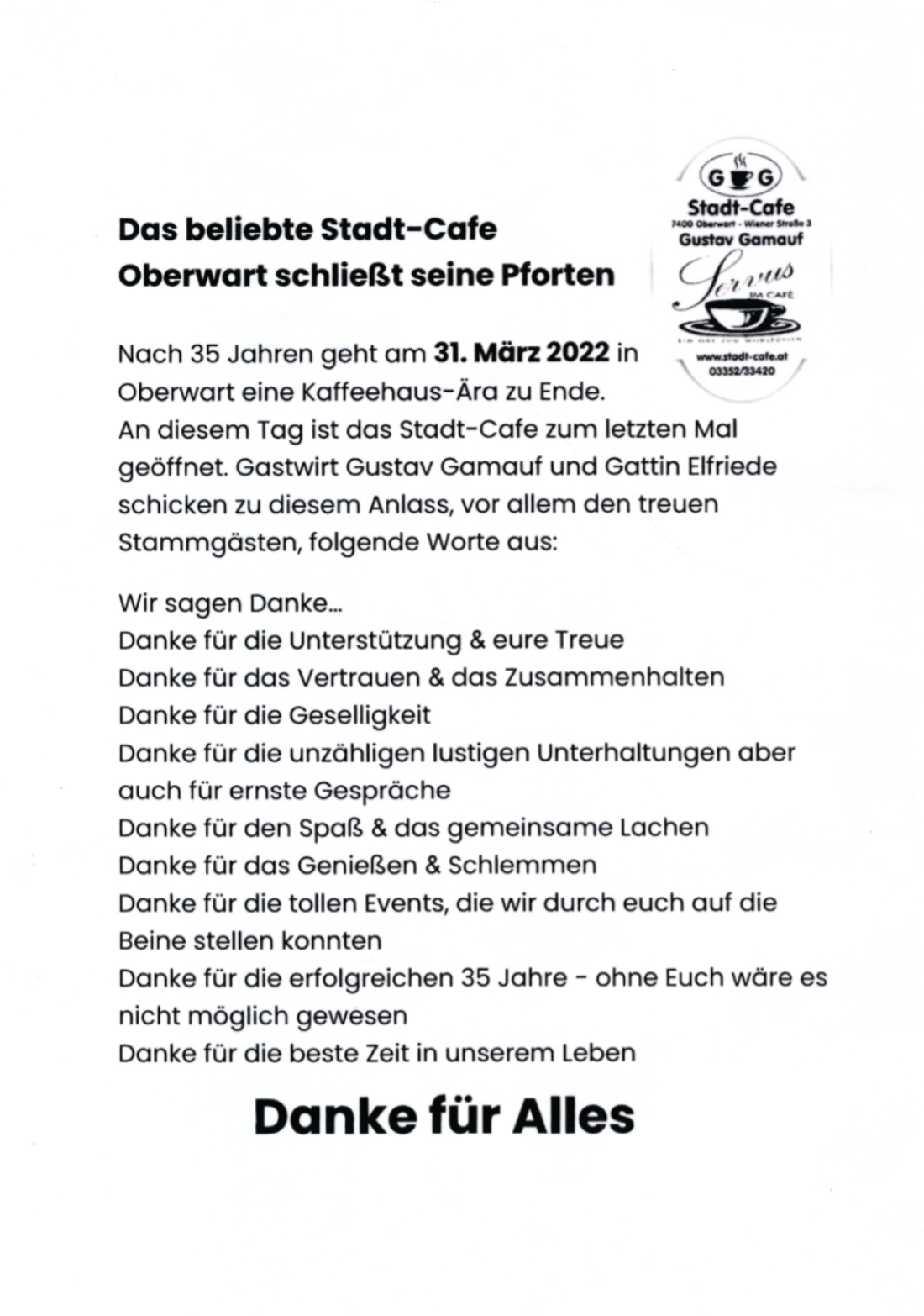 Das beliebte Stadt-Cafe Oberwart  (Wienerstraße 3) schließt seine Pforten