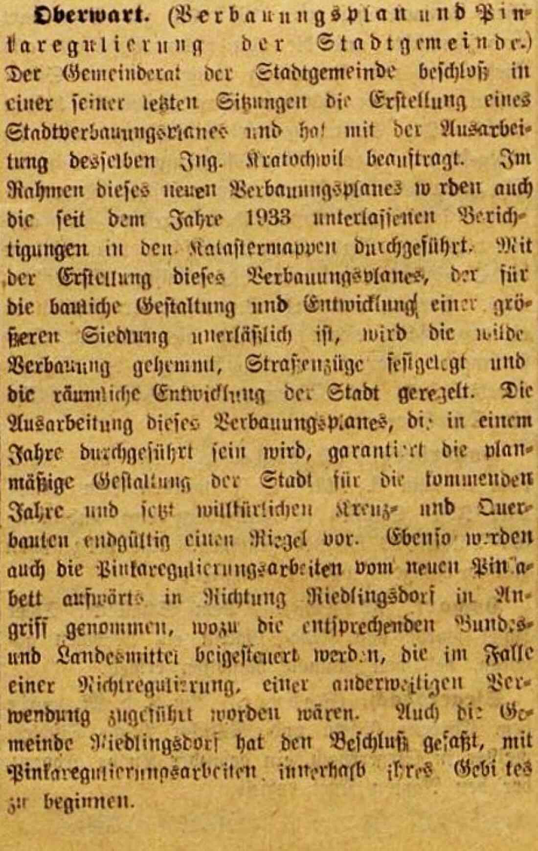 Bericht in der Oberwarter Zeitung vom 20. März 1949 zu den Themen Verbauungsplan und Pinkaregulierung