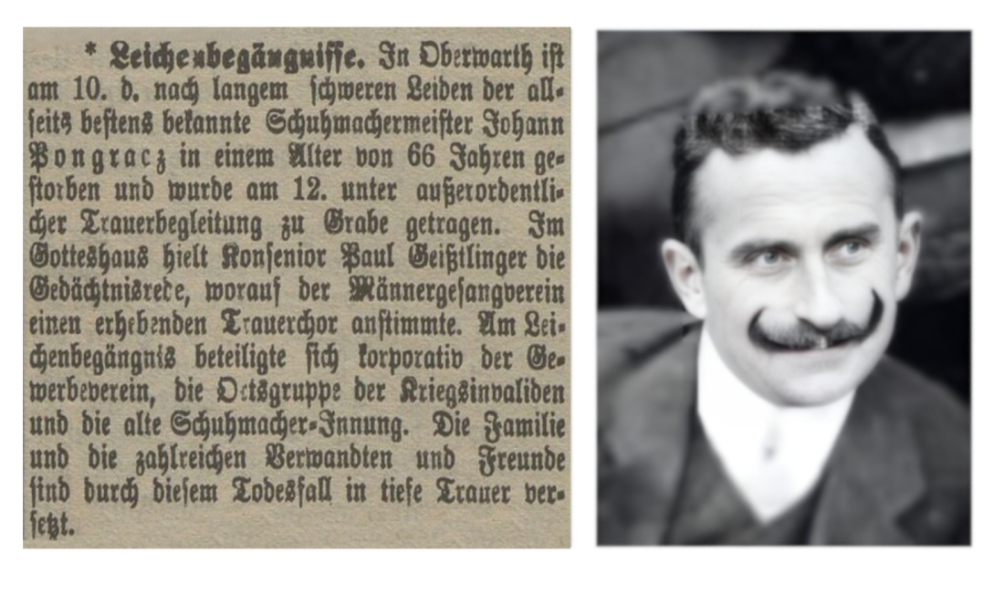 Oberwarther = Sonntagszeitung vom 22. April 1928 zum Tod von Schuhmachermeister Johann Pongracz (*1862/+1928)