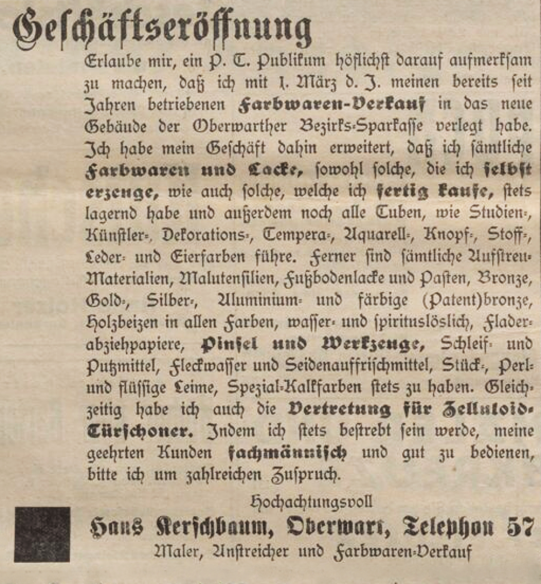 Inserat in der Oberwarther Sonntags = Zeitung vom 16. März 1930: Maler, Anstreicher und Farbwarenverkaus Hans Kerschbaum (OW 776 / Wienerstraße 18)