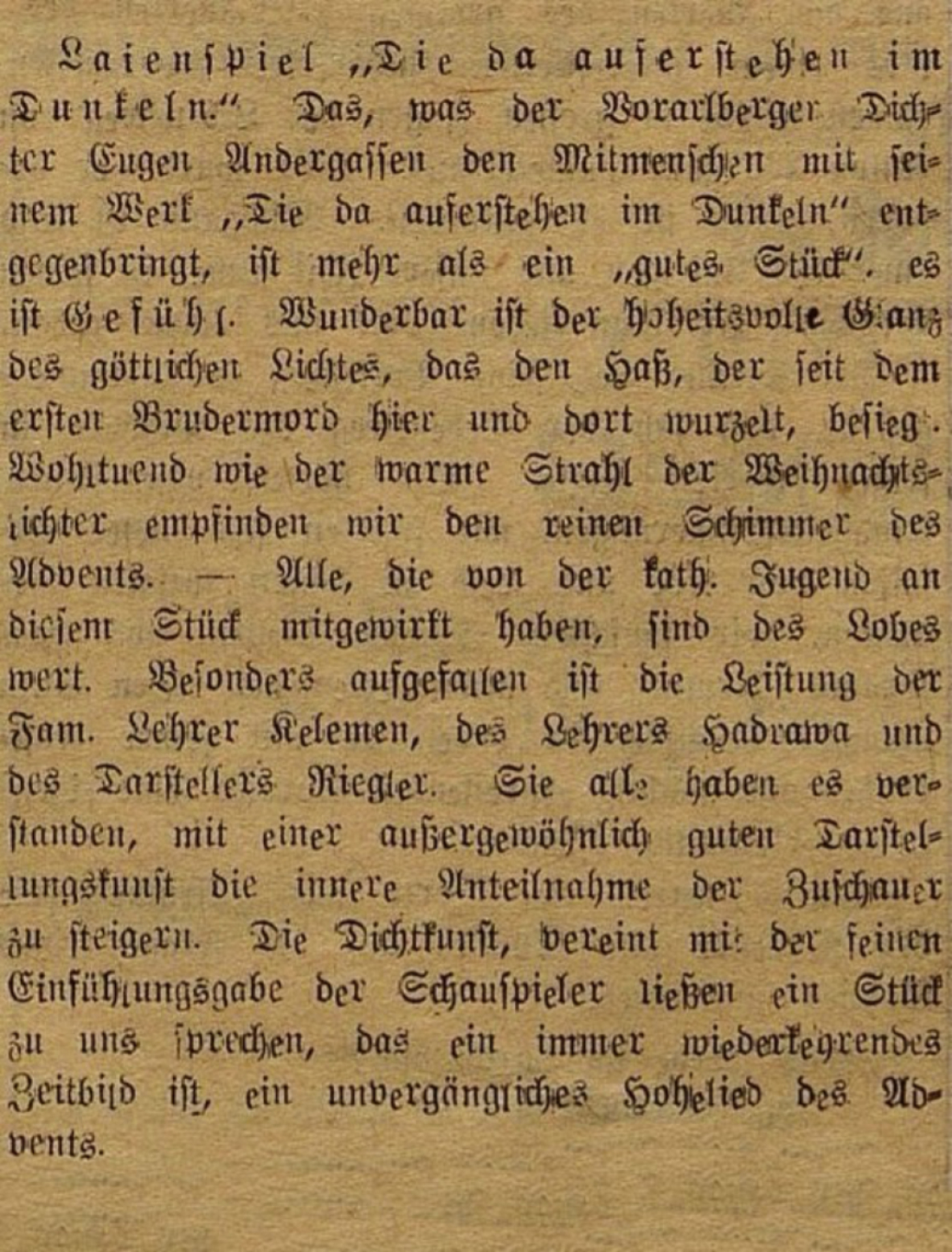 Oberwarter Zeitung vom 10. Dezember 1950: Laienspiel der kath. Jugend - "Die da aufstehen im Denkeln" am 10. Dezember 1950