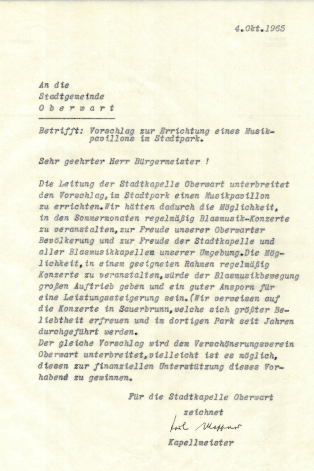 Schreiben der Statdkapelle an die Stadtgemeinde mit dem Vorschlag zur Errichtung eines Musikpavillons 1965