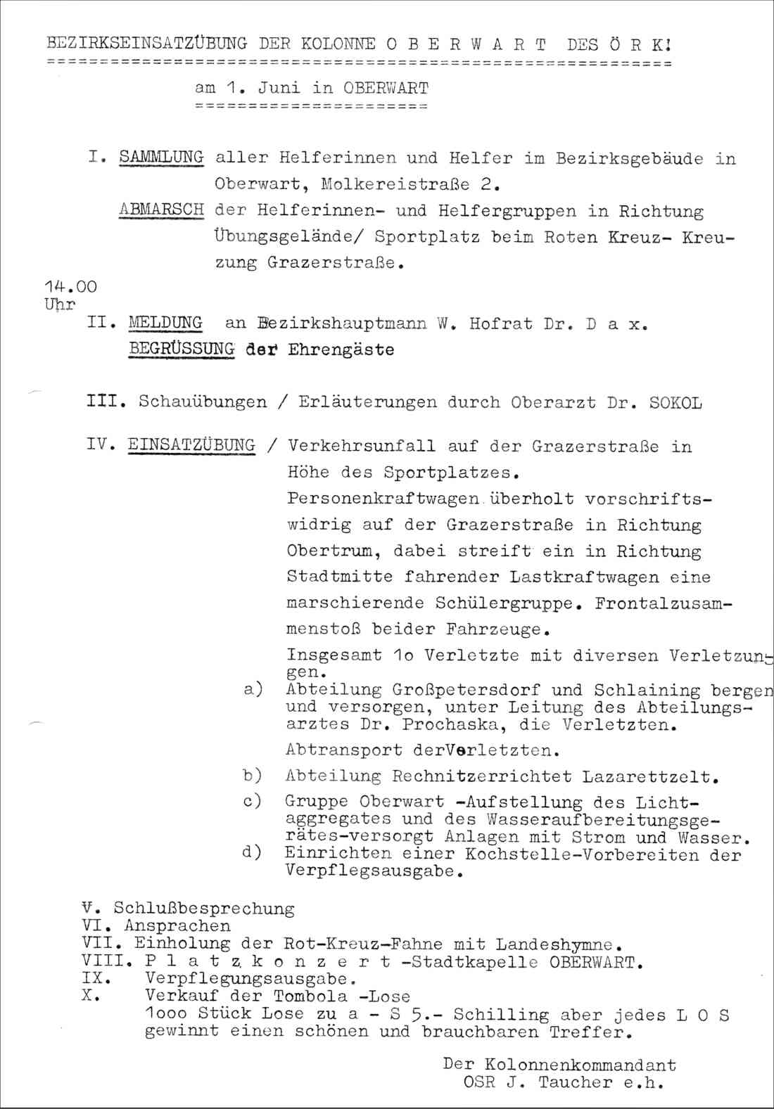 Rotes Kreuz: Ablaufplan einer Einsatzübung der Kolonne Oberwart am 1. Juni 1970