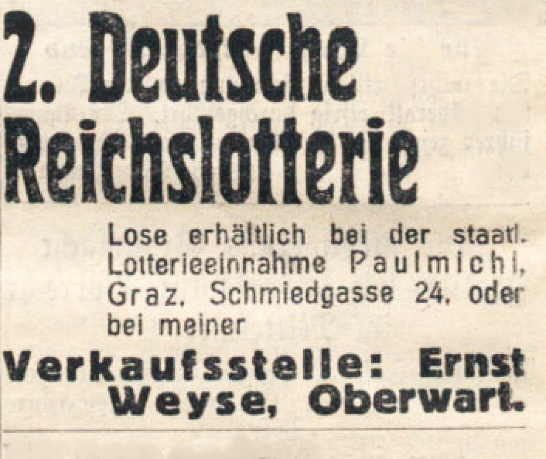 Anzeige in der Oberwarther Sonntags = Zeitung vom 5. November 1939 zur "2. Deutschen Reichslotterie"