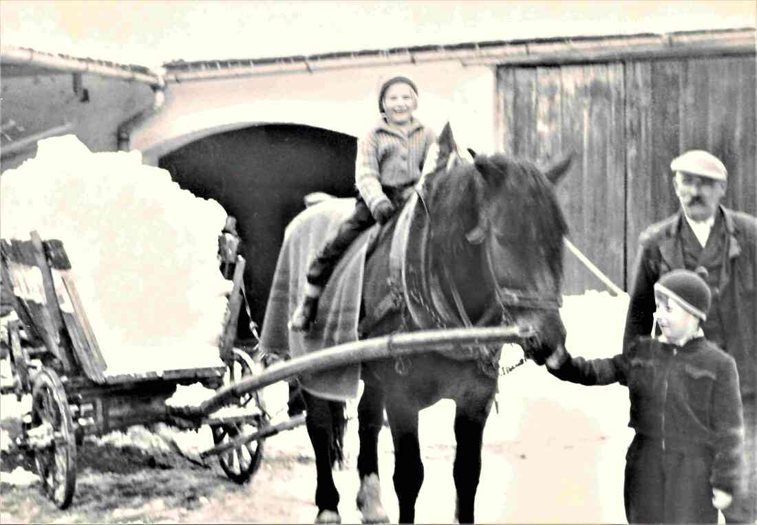 Maria Pani "Hoch zu Ross" beim Schneeräumen im Hof des Hauses Wienerstraße 3 - Pani/Seper