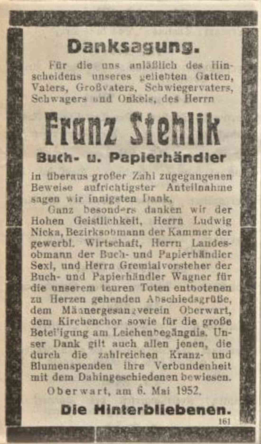 Danksagung anlässlich des "Hinscheidens" von Franz Stehlik in der Oberwarter Zeitung vom 11. Mai 1952