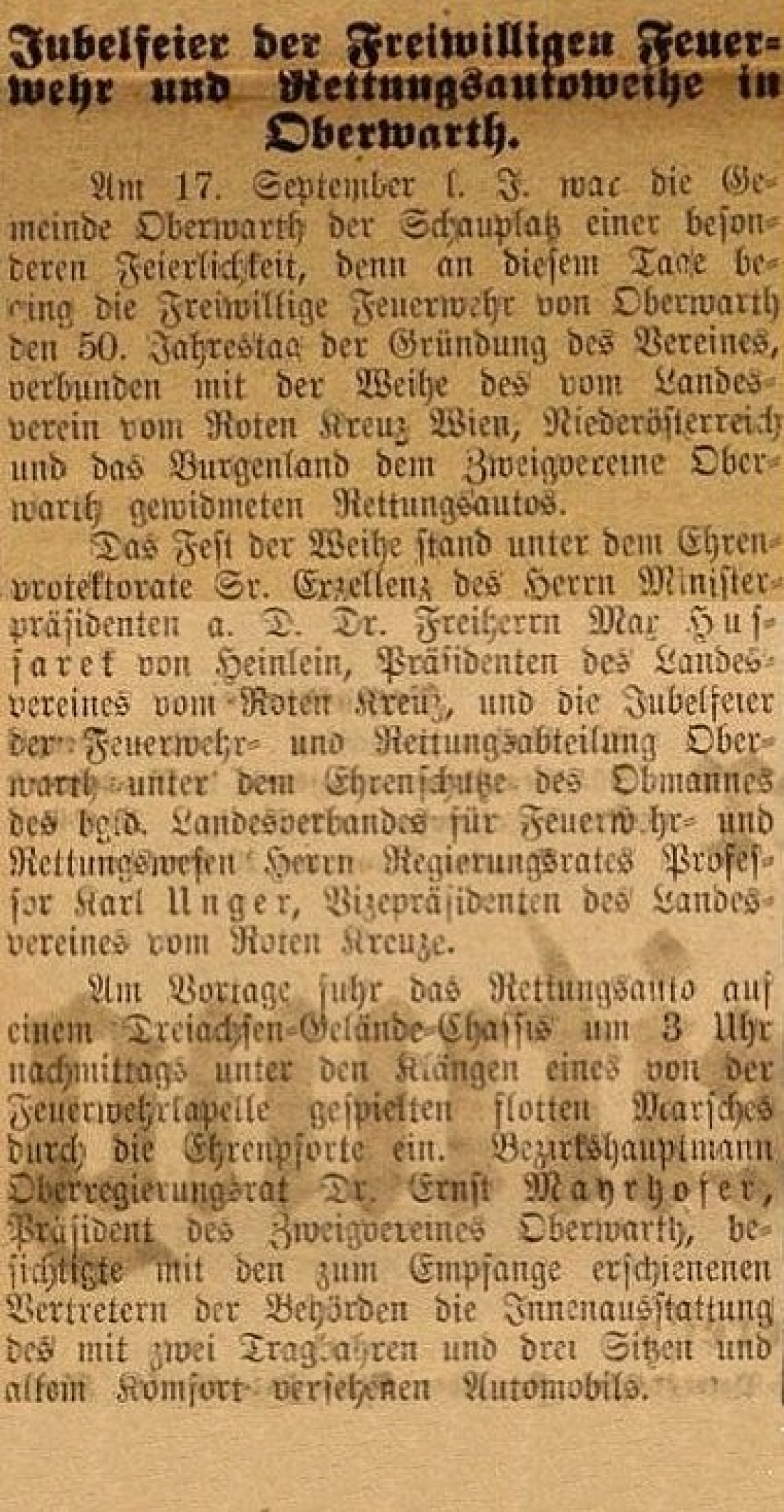 Oberwarther = Sonntagszeitung vom 24. September 1933: Jubelfeier der Freiwilligen Feuerwehr und Rettungsautoweihe