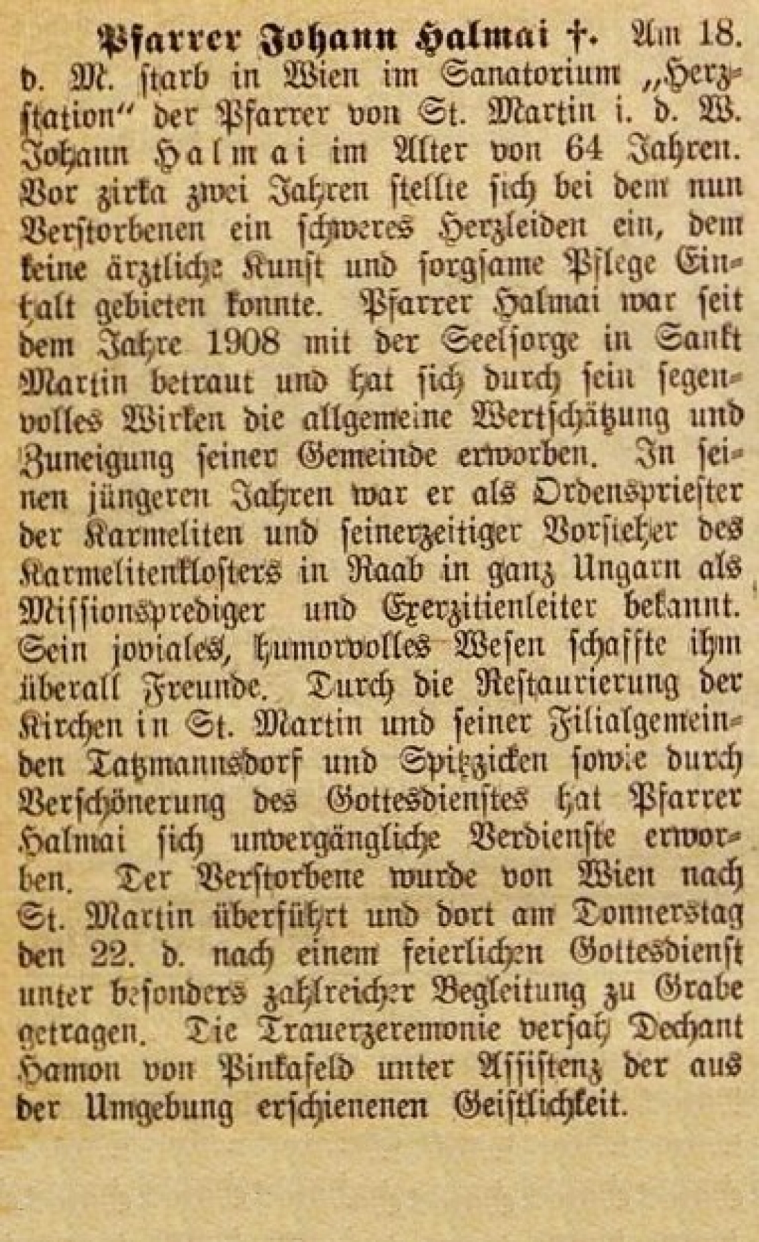 Oberwarther Sonntags-Zeitung vom 25. Dezember 1932 - röm. kath. Pfarre St. Martin: Pfarrer Johann Halmai verstorben