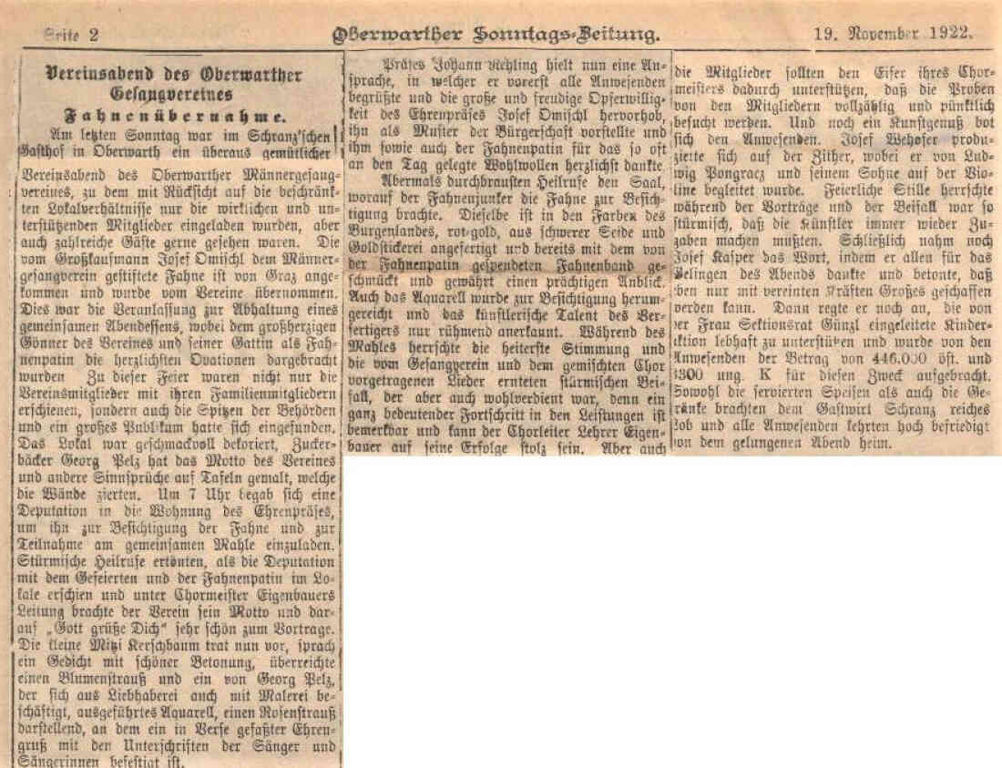 Artikel in der Oberwarther Sonntagszeitung (später OZ): Vereinsabend und Fahnenübernahme des Gesangvereins