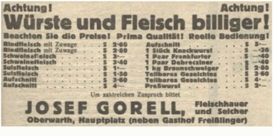 Fleischhauer und Selcher Josef Gorell: Anzeige in der Oberwarther Sonntags = Zeitung vom 30. September 1928