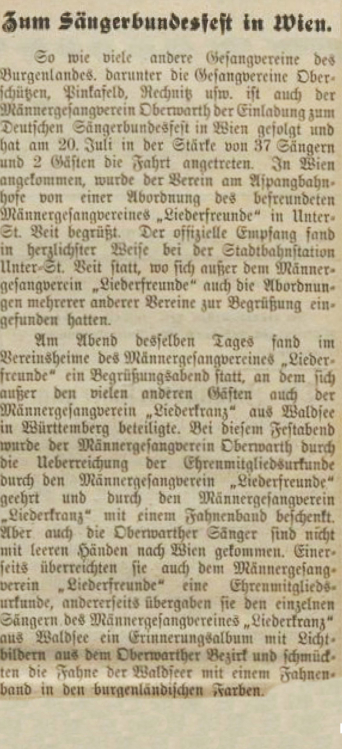 Oberwarther = Sonntagszeitung vom 25. August 1928: Teilnahme des Oberwarther Männergesangvereins beim Sängerbundfest inWien