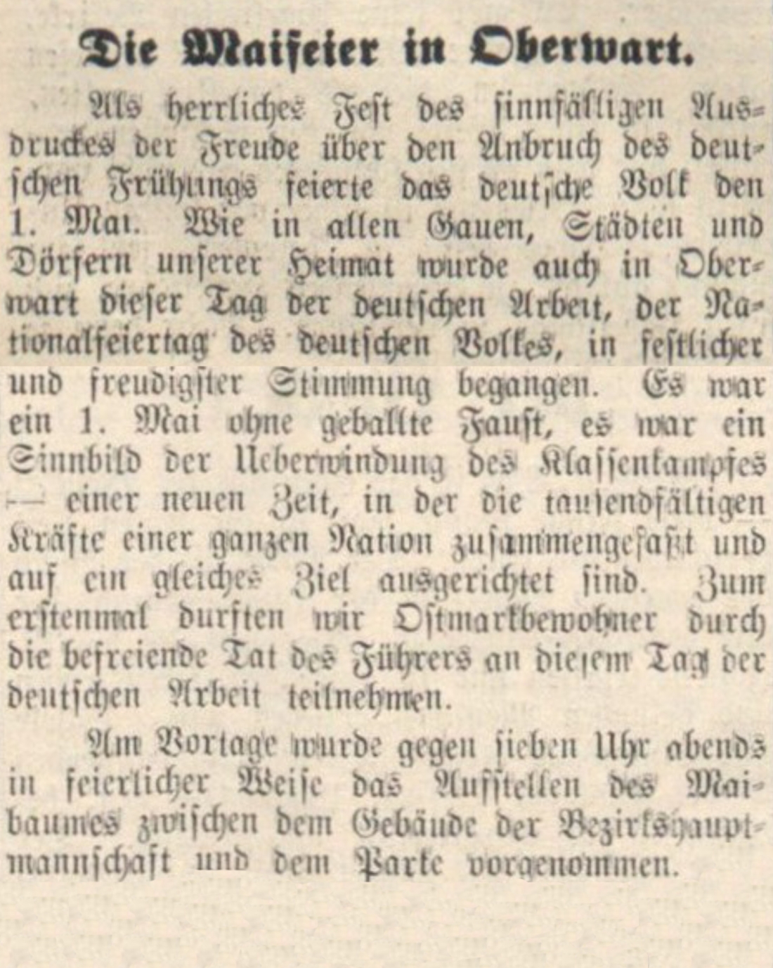 Oberwarther = Sonntagszeitung vom 8. Mai 1938: zum 1. Mai - "Maifeier in Oberwart"