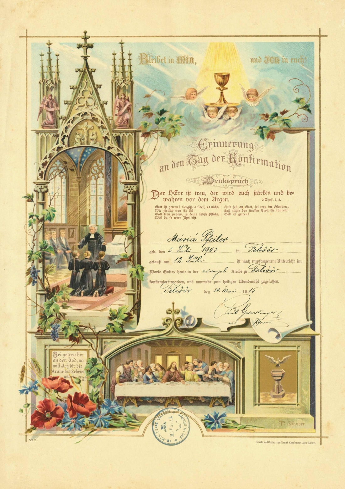 Evang. Pfarre AB: Erinnerungsblatt von Maria Pfeiler (*1903/+1983) an die Konfirmation am 30. Mai 1915