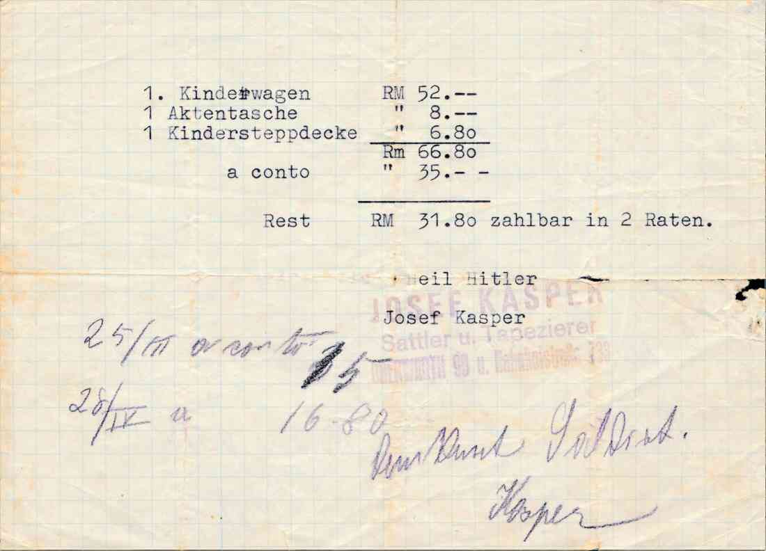 Maschinengeschriebene Rechnung der Fa. Sattler und Tapezierer Josef Kasper