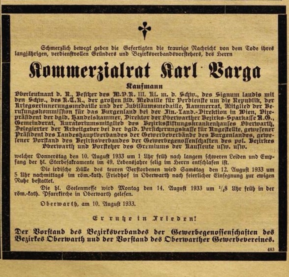 Traueranzeige in der Oberwarther Sonntags = Zeitung vom 13. August 1933 zum Tod von Kaufmann KR Karl Varga (*1885/+1933)
