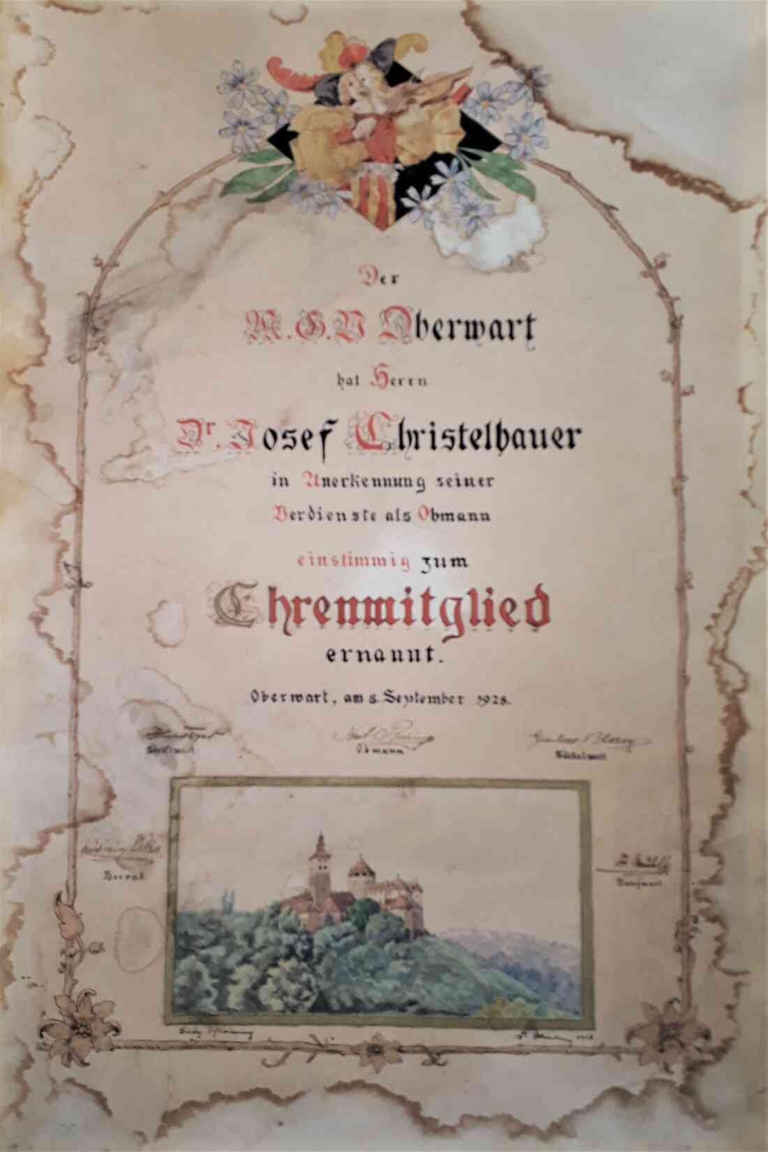 Männergesangverein: Ehrenurkunde für Dr. Josef Christelbauer (ehem. Obmann)