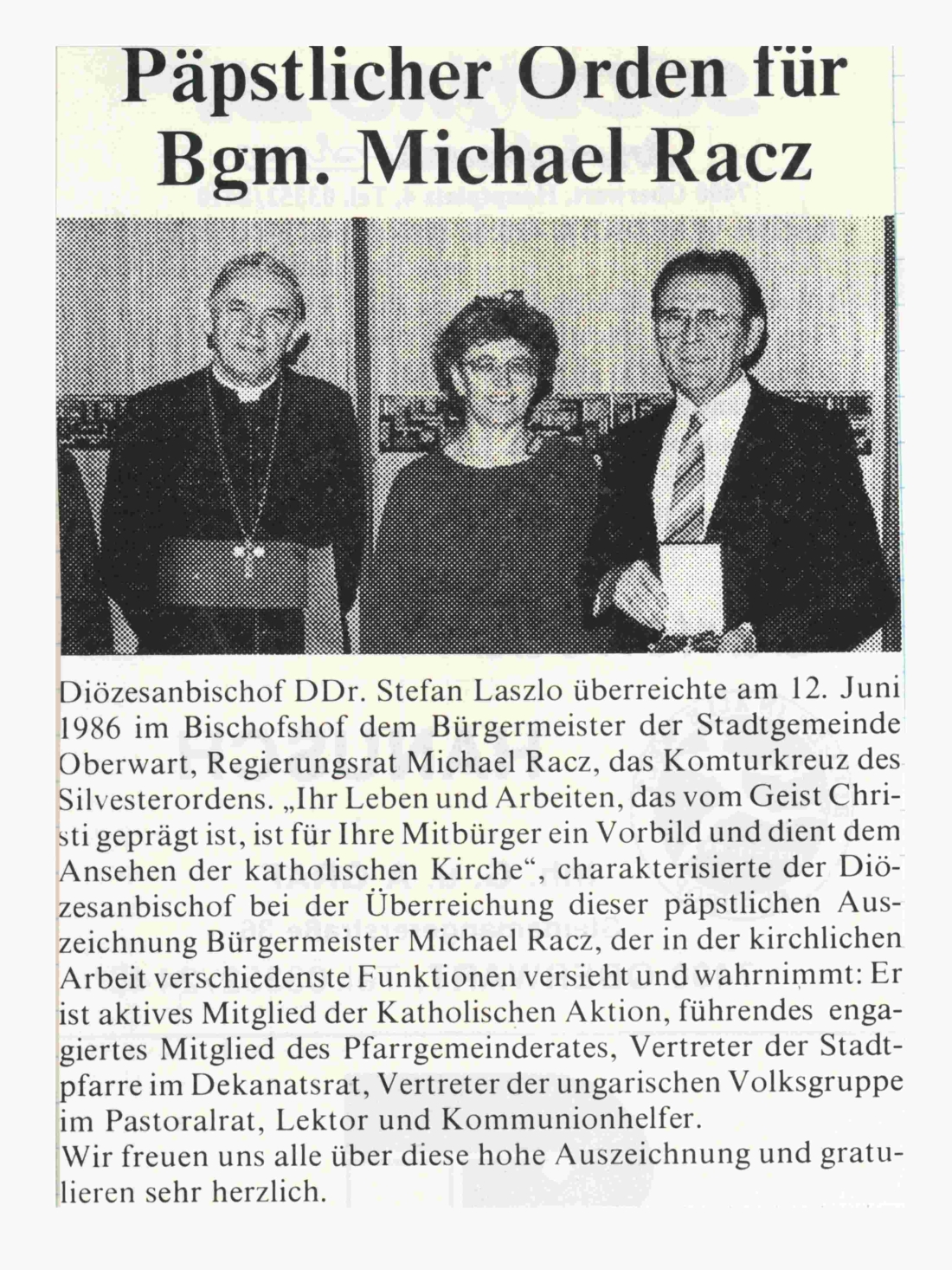 Röm. kath. Pfarre: Päpstlicher Orden für Bgm. Michael Racz - Laszlo
