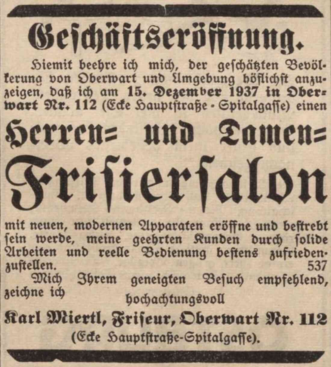 Announce zur Geschäftseröffnung des Frisiersalons von Karl Miertl OW 112 / Steinamangererstraße 20 in der Oberwarther Sonntags = Zeitung