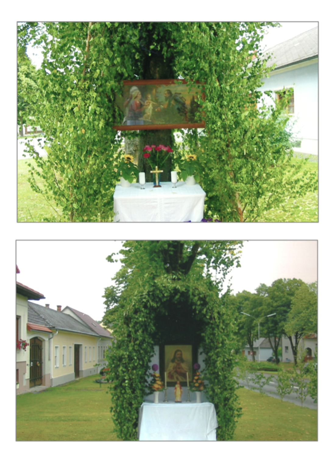 St. Martin: die Hausaltäre - oben Haus Mirtl (Oberwarter Straße 39) und unten Haus Guger (Oberwarter Straße 54) anlässlich des Fronleichnamsfestes