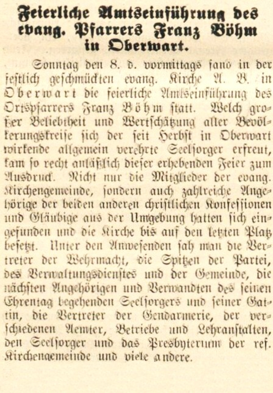 Oberwarther = Sonntagszeitung vom 15. Mai 1938: Feierliche Amtseinführung des evang. Pfarrers Franz Böhm in Oberwart