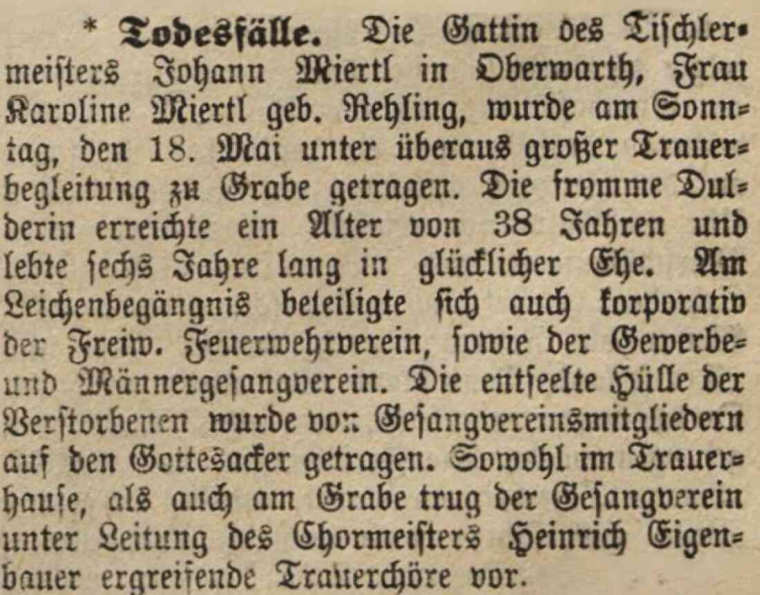 Bericht zum Ableben von Karoline Miertl (geb. Rehling, *1886/+1924 in der Oberwarther Sonntags = Zeitung vom 25. Mai 1924