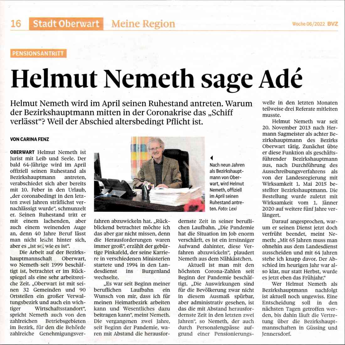 Artikel in der BVZ: zur Pensionierung von Bezirkshauptmann WHR Dr. Helmut Nemeth