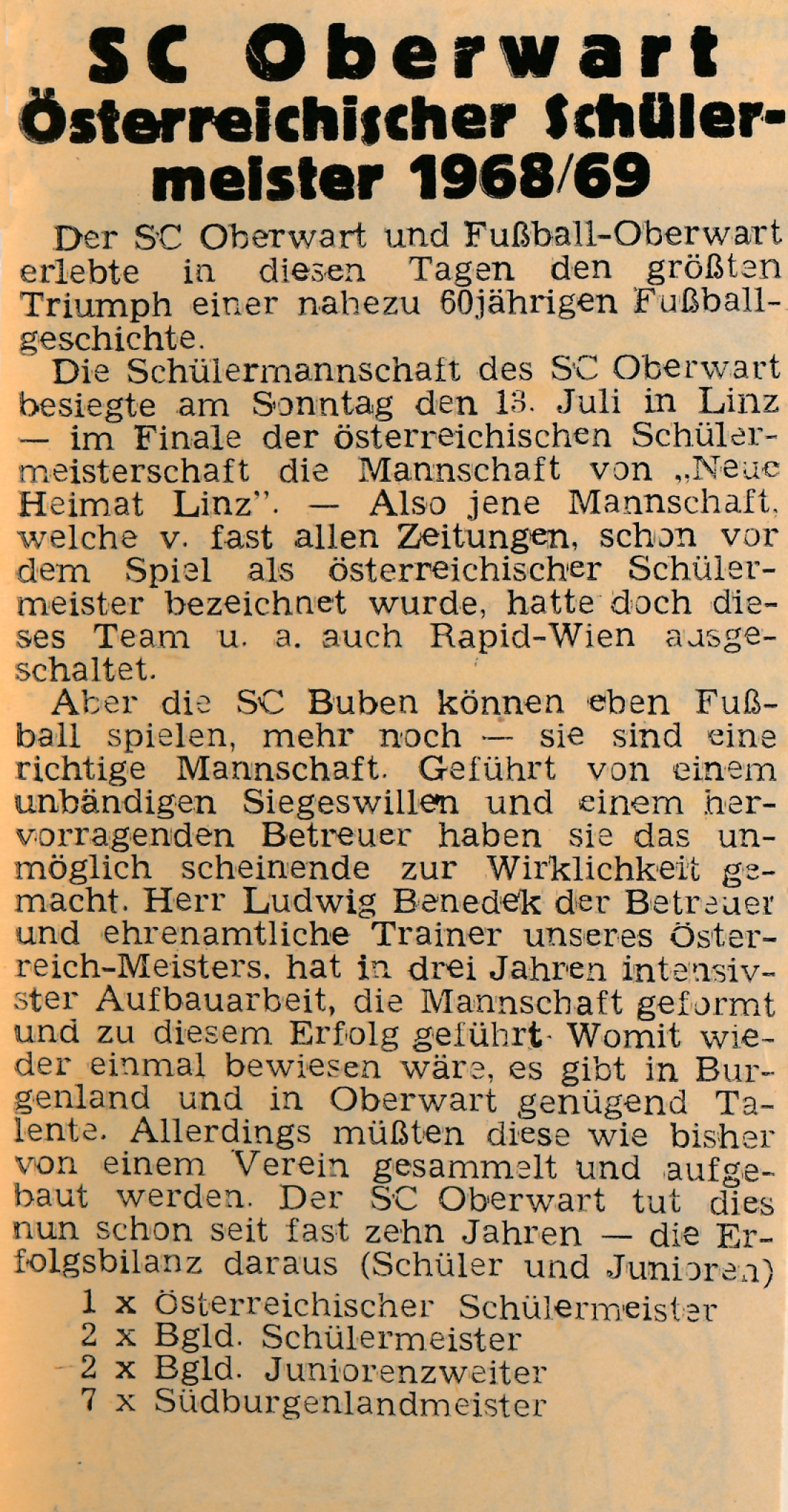 Oberwarter Zeitung - OZ vom 16. Juli 1969: Fußball - SC Oberwart - Schülerstaatsmeister 1968/1969