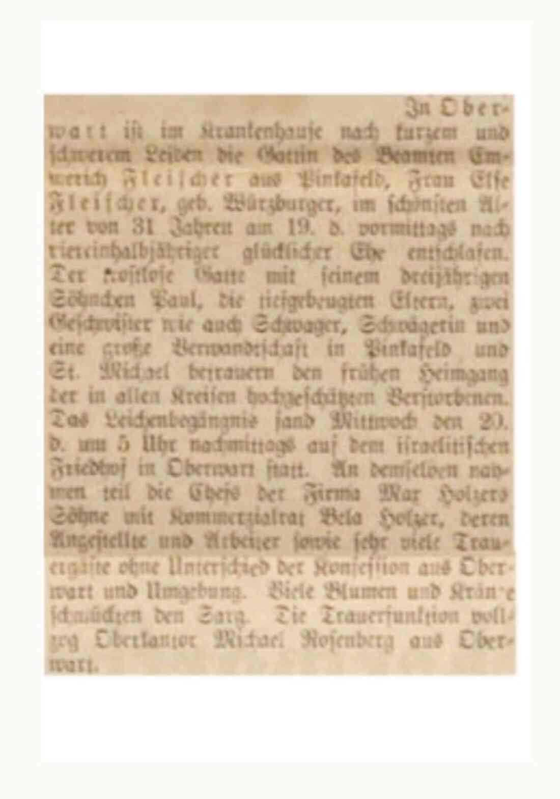 Jüdische Gemeinde: Artikel zum Ableben von Frau Else Fleischer (geb. Würzburger, *1902/+1936) in der Oberwarther Sonntagszeitung vom 24. Mai 1936