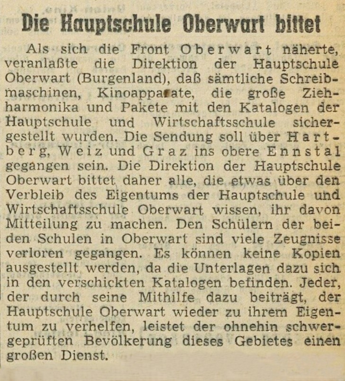 Aufruf der Hauptschule und Wirtschaftsschule in der Zeitung "Neue Zeit" vom 3. Juli 1946