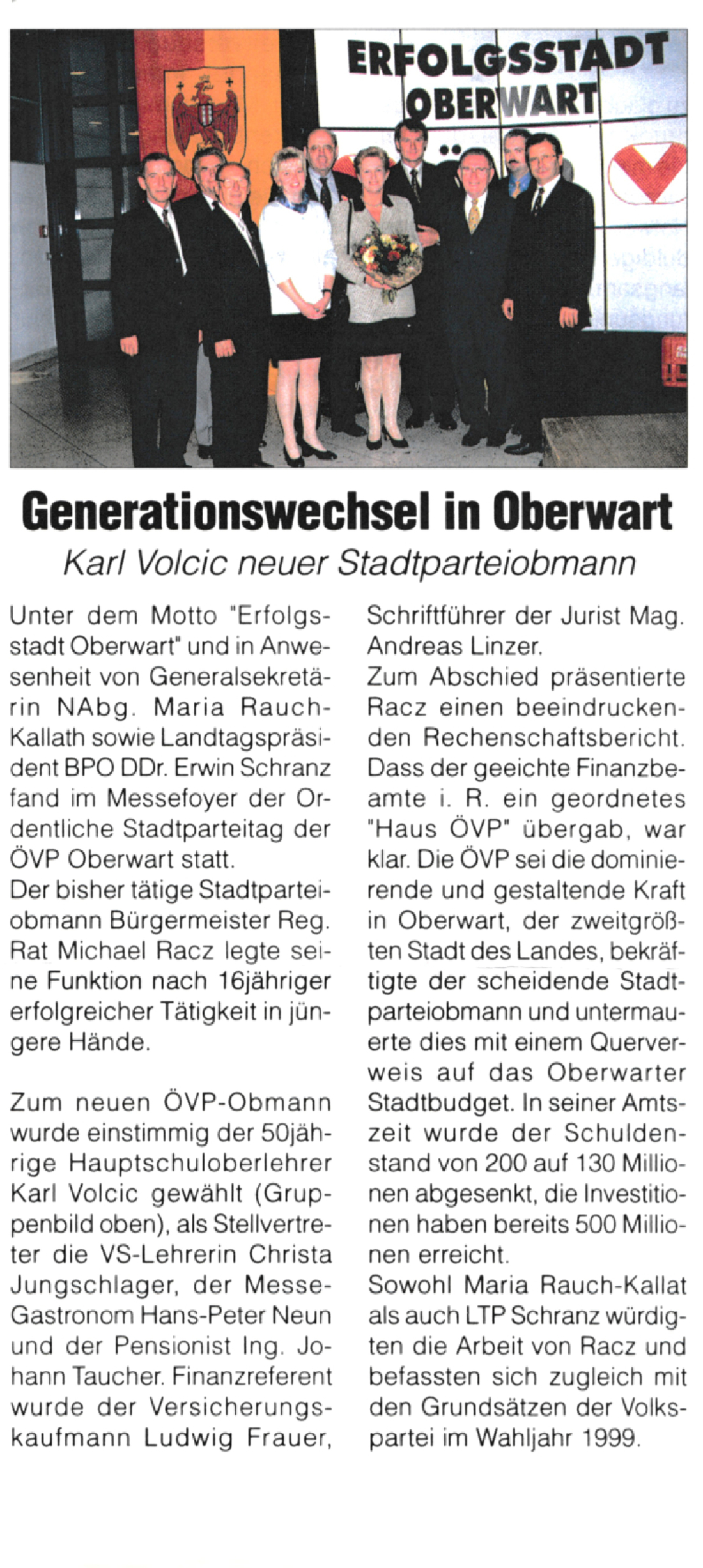 Artikel zum Generationenwechsel in der Stadtparteileitung der ÖVP