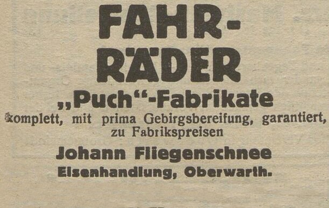 Announce in der Oberwarther Sonntags = Zeitung vom 4. März 1928: Fahrräder - Eisenhandlung Johann Fliegenschnee (OW 574/Wienerstraße 14)