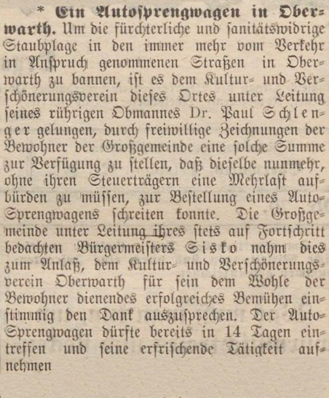 Oberwarther = Sonntagszeitung vom 18. Mai 1930: "Ein Autosprengwagen in Oberwarth" - Spritz- bzw. Wasserwagen