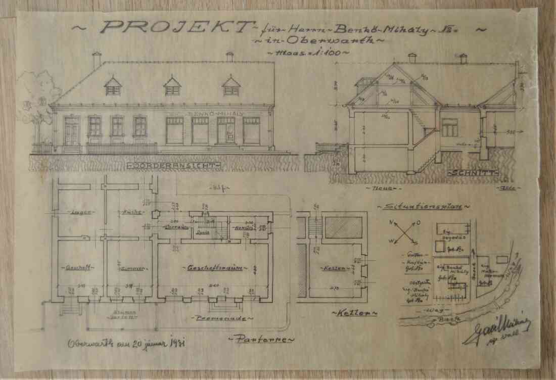 Plan zum Kauf- und Wohnhaus Michael Benkö (Linke Bachgasse 30 - Ecke Mondgasse) von Baumeister Michael Gaál - Kaufhaus Fülöp