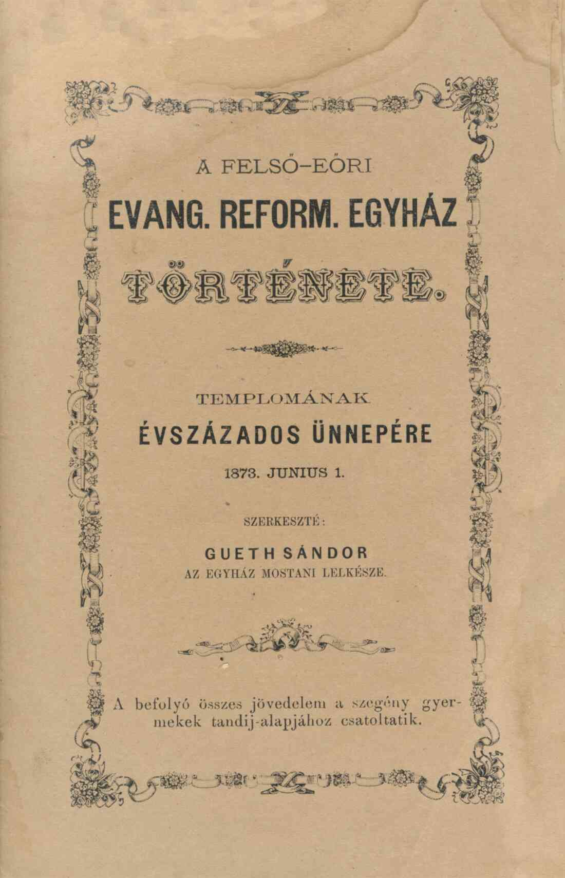 Titelblatt der Geschichte der reformierten Pfarrgemeinde aus 1873