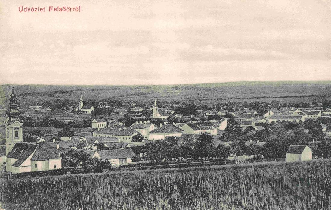 Ansichtskarte: "Üdvözlet Felsöörröl" - "Gruß aus Oberwart" / Blick über die Synagoge und die drei Kirchen